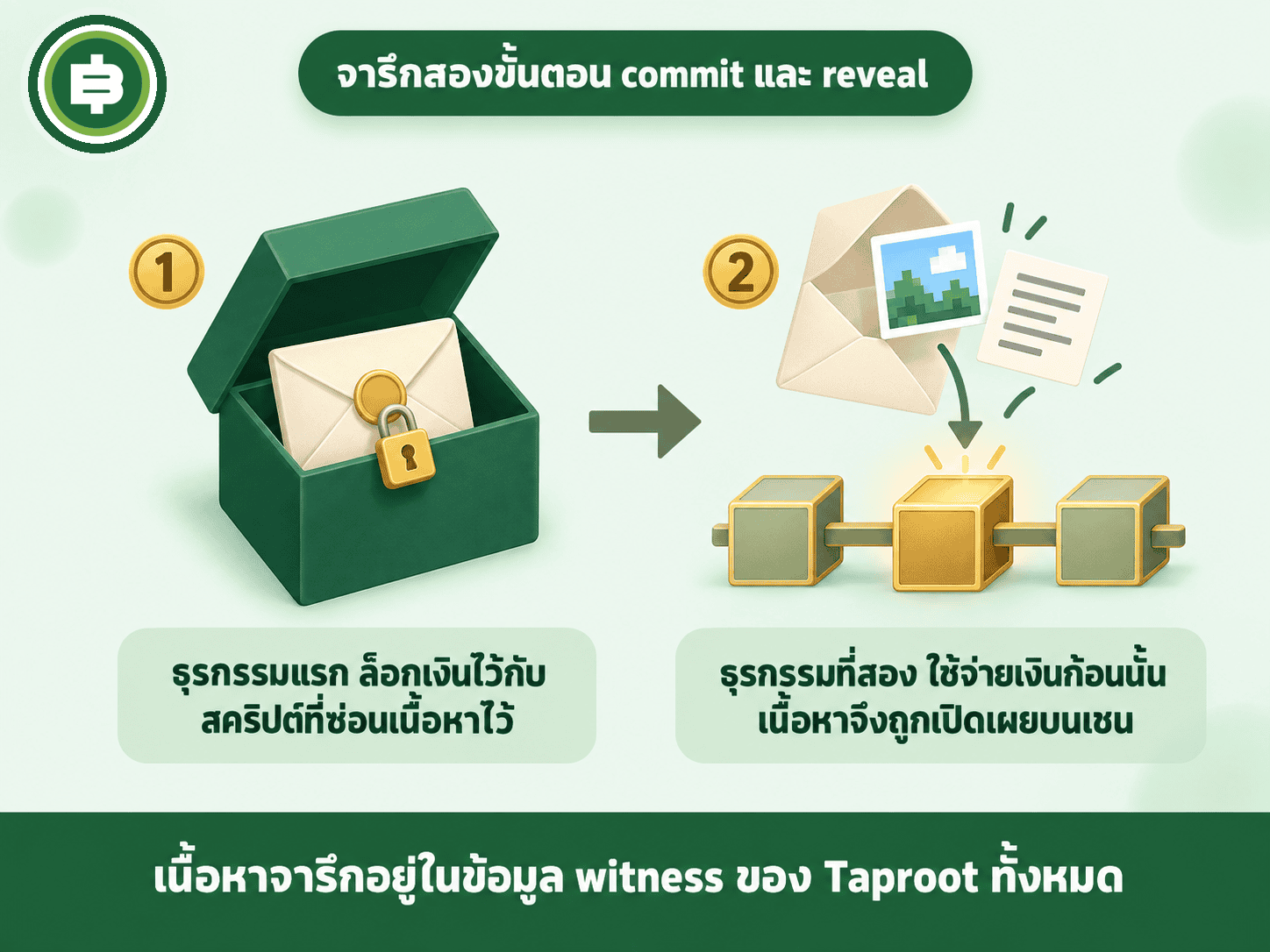 ไดอะแกรมจารึกสองขั้นตอน ธุรกรรมแรกล็อกเงินไว้กับสคริปต์ที่ซ่อนเนื้อหา ธุรกรรมที่สองใช้จ่ายเงินก้อนนั้นจนเนื้อหาถูกเปิดเผยบนเชน