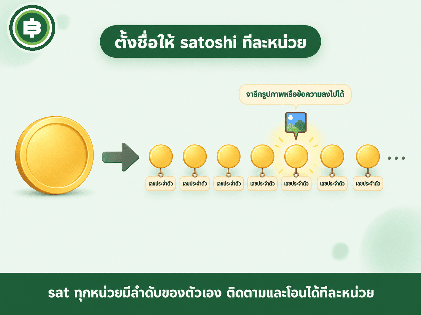 ไดอะแกรมตั้งชื่อให้ satoshi ทีละหน่วย เหรียญหนึ่งเหรียญแตกเป็น sat เรียงแถว แต่ละหน่วยมีเลขประจำตัว และหน่วยหนึ่งถูกจารึกรูปภาพลงไป