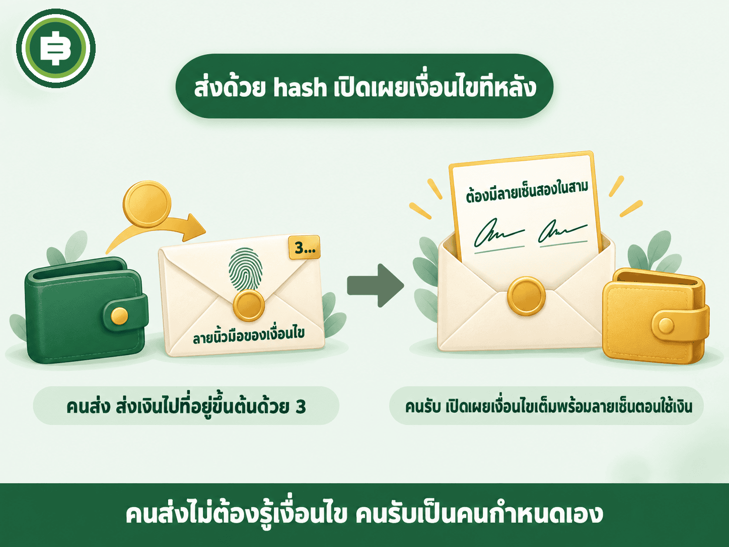ภาพอธิบาย P2SH คนส่งโอนเงินไปที่อยู่ขึ้นต้นด้วย 3 ซึ่งเป็นแค่ลายนิ้วมือของเงื่อนไข ส่วนคนรับเปิดเผยเงื่อนไขเต็มพร้อมลายเซ็นสองในสามตอนใช้เงิน