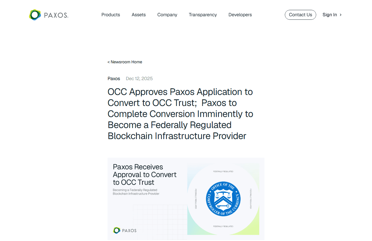 ประกาศทางการจาก Paxos Newsroom เรื่อง OCC อนุมัติแปลงใบอนุญาตเป็น OCC Trust 12 ธันวาคม 2025