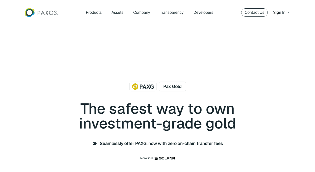 หน้าเว็บทางการของ PAXG (Pax Gold) บน paxos.com ยืนยันการขยายไปบน Solana