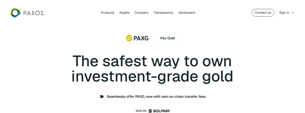 หน้าเว็บทางการของ Paxos ผู้ออกเหรียญ PAXG (paxos.com/paxgold)