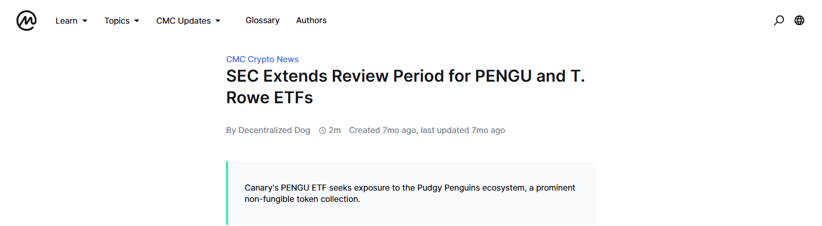 ข่าว CoinMarketCap Academy รายงาน SEC เลื่อนพิจารณากอง ETF ของ Canary Capital ที่จะถือทั้ง PENGU และ NFT Pudgy Penguins