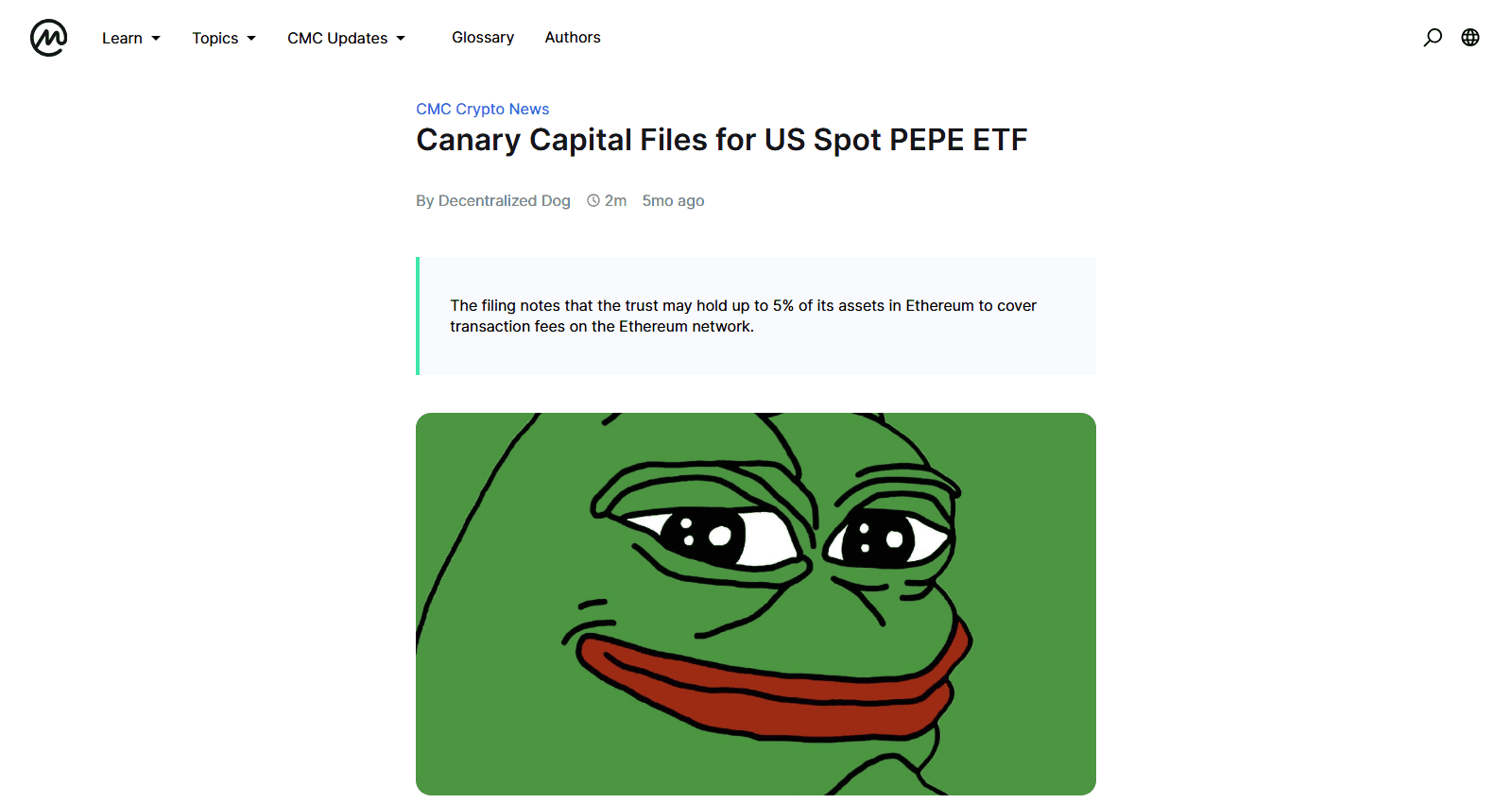 บทความ CoinMarketCap Academy Canary Capital Files for US Spot PEPE ETF