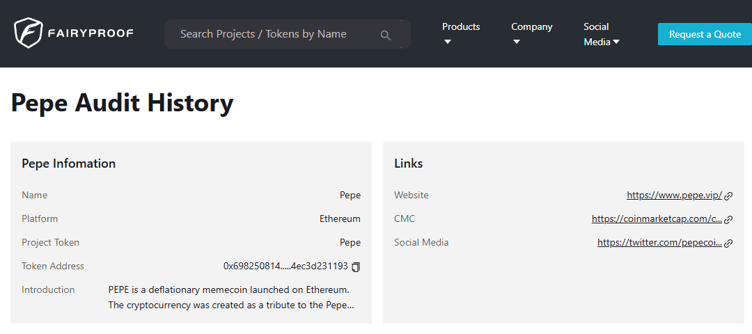 หน้า Pepe Audit History ของ Fairyproof แสดงผลตรวจสอบโค้ด 0 Critical/High/Medium/Low ผ่าน 100%