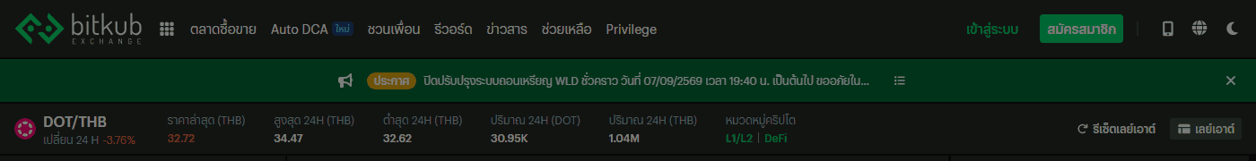 ราคาซื้อขาย DOT/THB จริงบน Bitkub