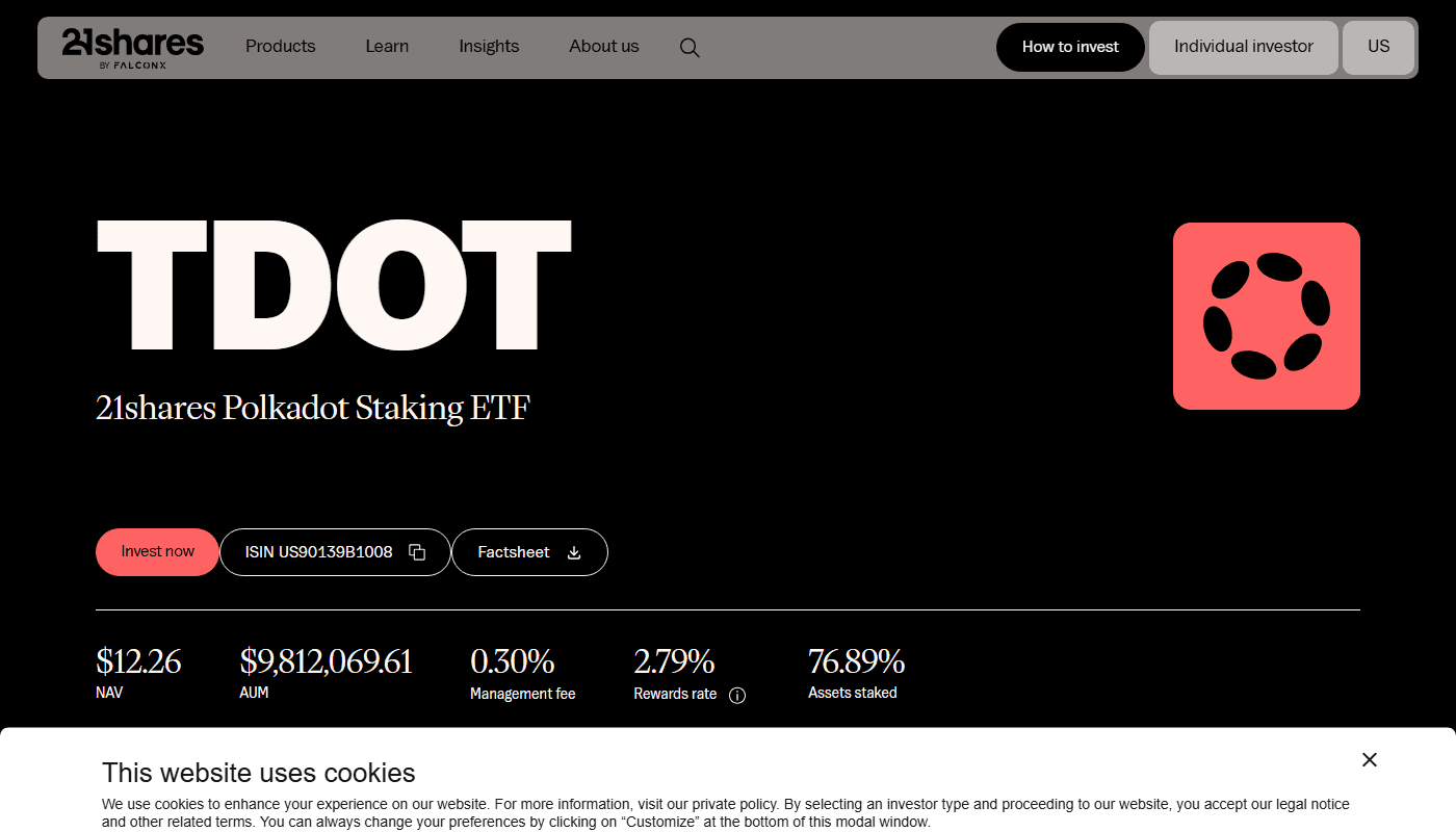 หน้าผลิตภัณฑ์ 21Shares Polkadot Staking ETF (TDOT) บน Nasdaq