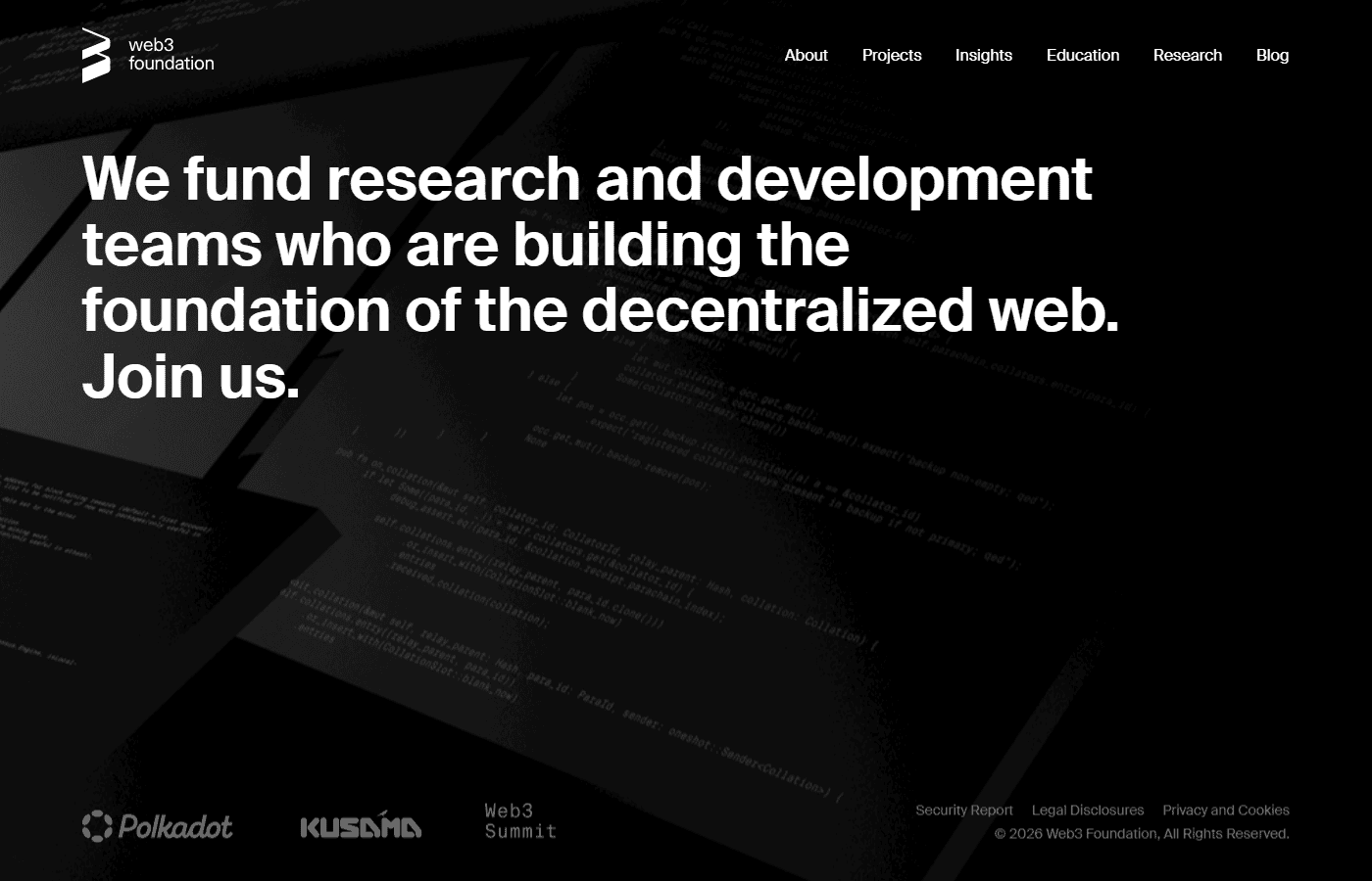 หน้าเว็บทางการของ Web3 Foundation มูลนิธิผู้สนับสนุนทุนวิจัย Polkadot