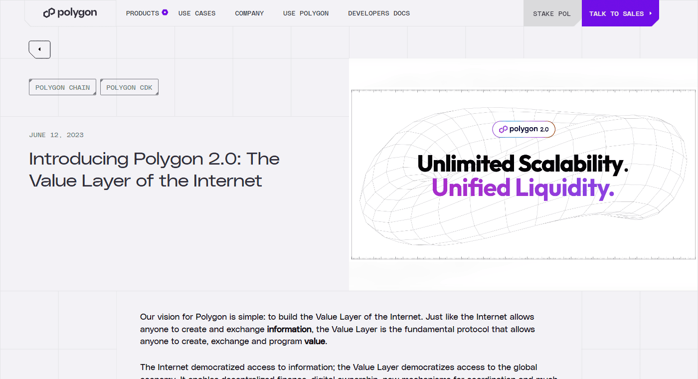 บล็อกทางการ Polygon ประกาศวิสัยทัศน์ Polygon 2.0 เมื่อเดือนมิถุนายน 2023