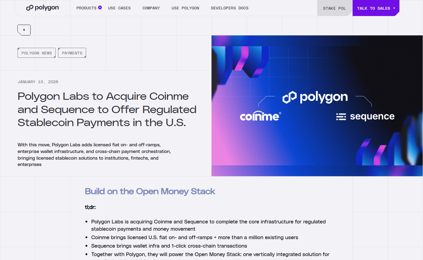 ประกาศทางการ Polygon Labs เข้าซื้อกิจการ Coinme และ Sequence มูลค่ากว่า 250 ล้านดอลลาร์