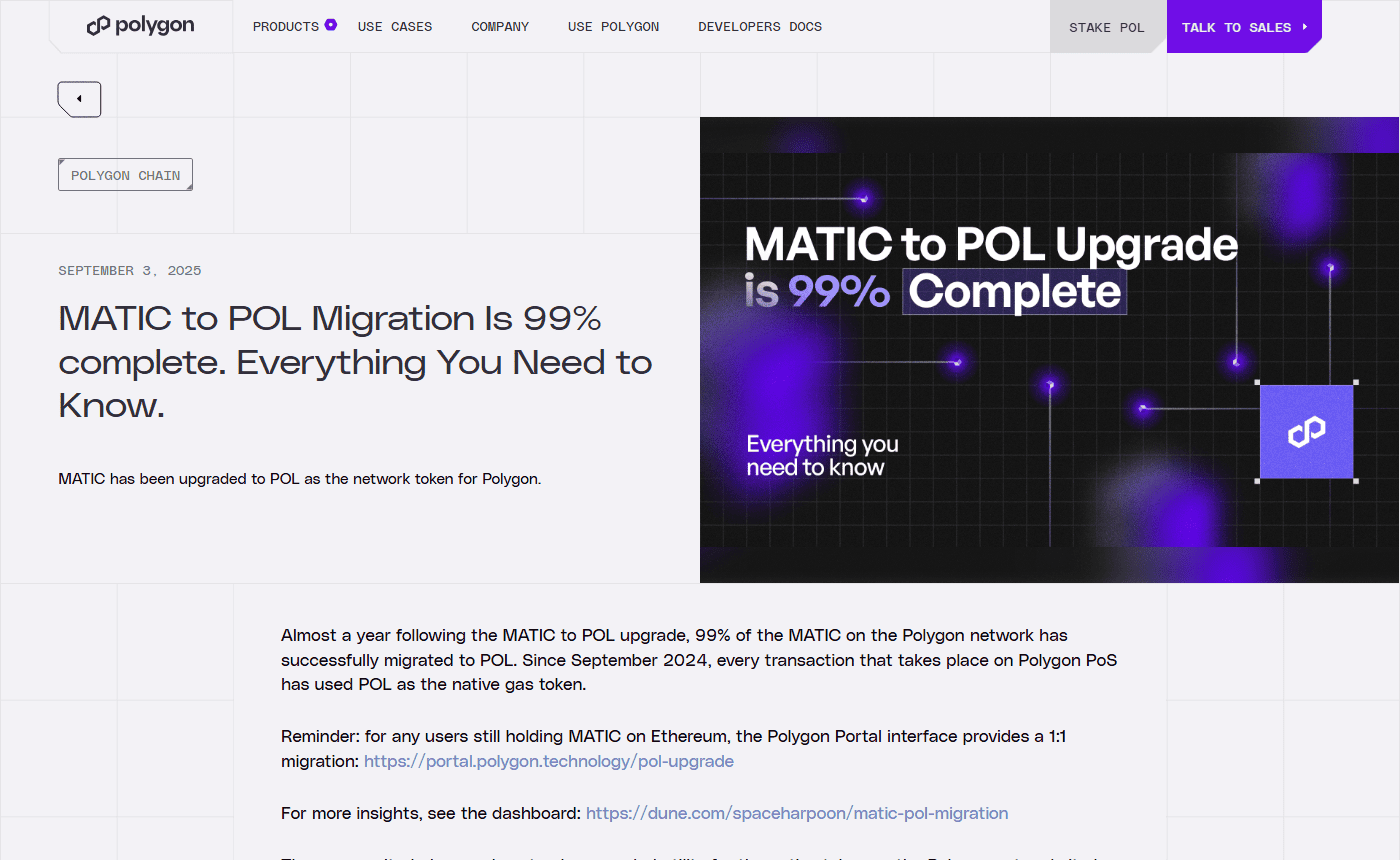 บล็อกทางการ Polygon ยืนยันความคืบหน้าการแลก MATIC เป็น POL อยู่ที่ 99%