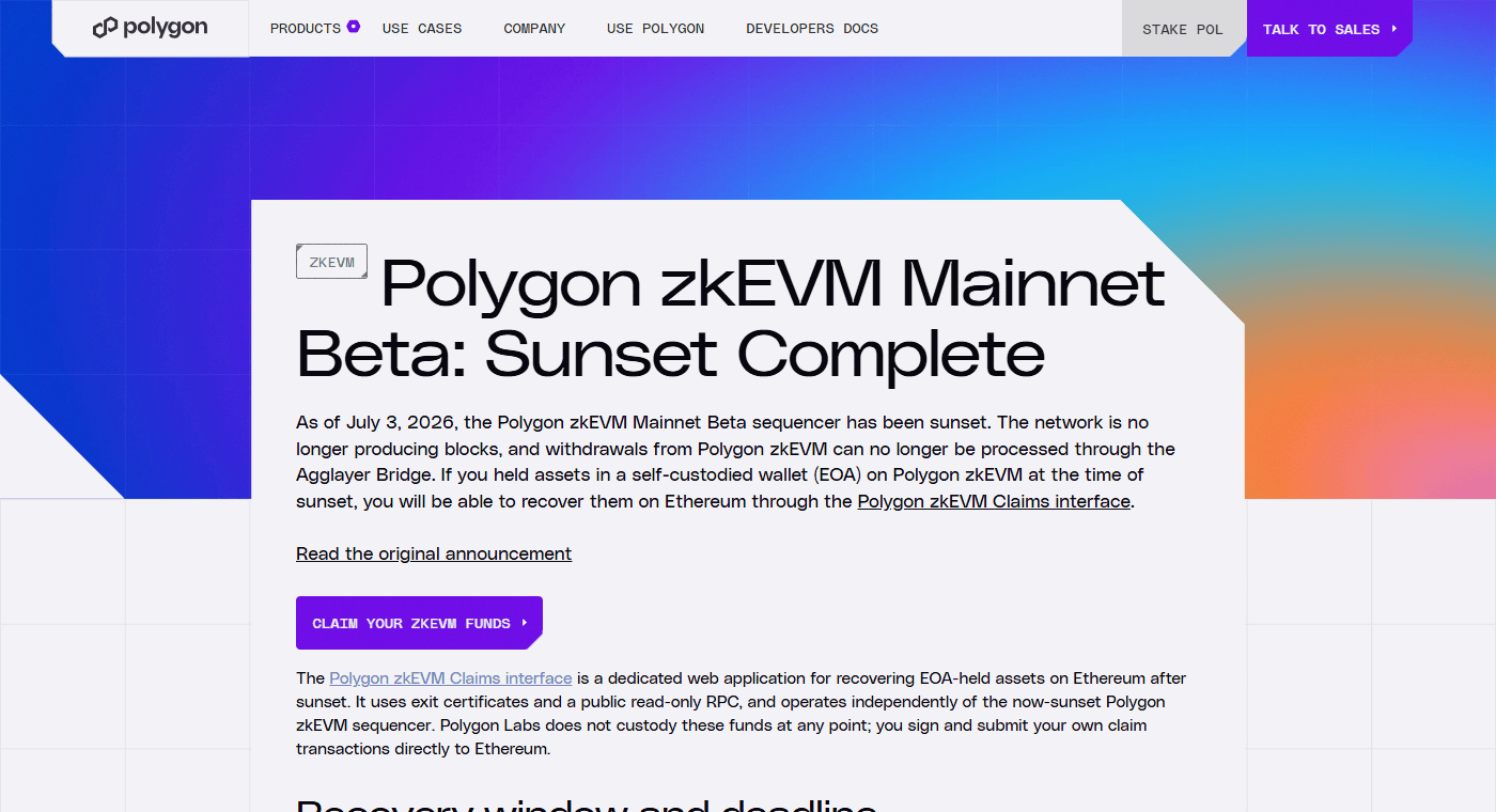 หน้าเว็บทางการ Polygon แจ้งสถานะยุติการให้บริการ Polygon zkEVM Mainnet Beta