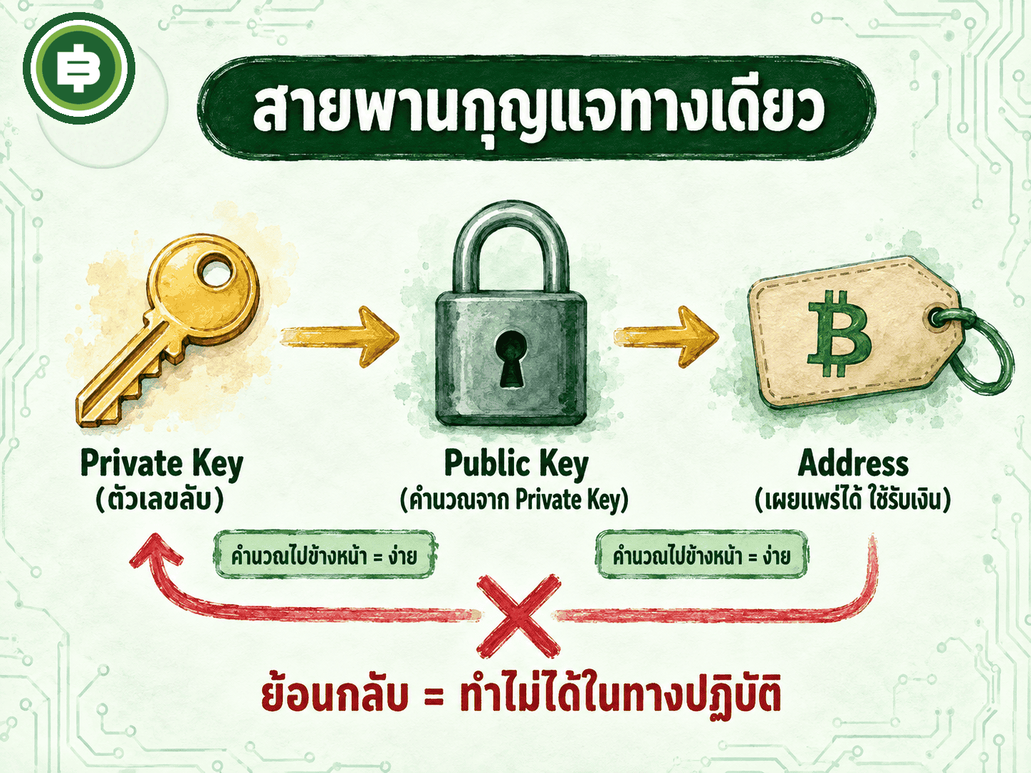 สายพานกุญแจทางเดียว Private Key ไป Public Key ไป Address คำนวณย้อนกลับไม่ได้
