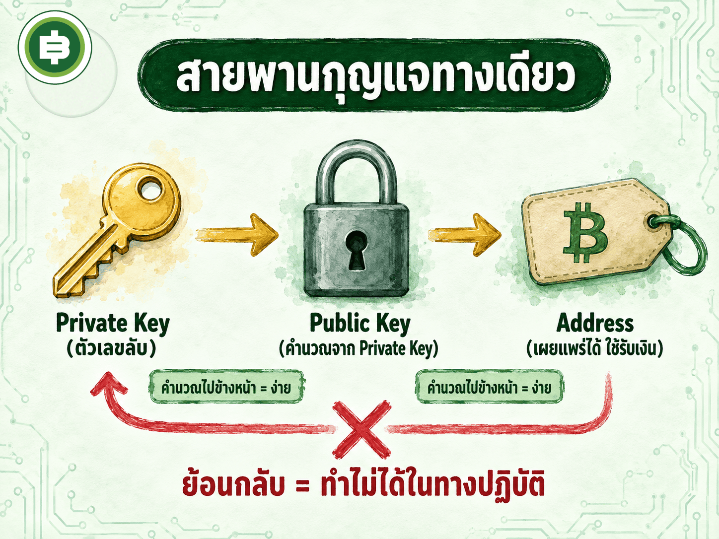 สายพานกุญแจทางเดียว Private Key ไป Public Key ไป Address คำนวณย้อนกลับไม่ได้