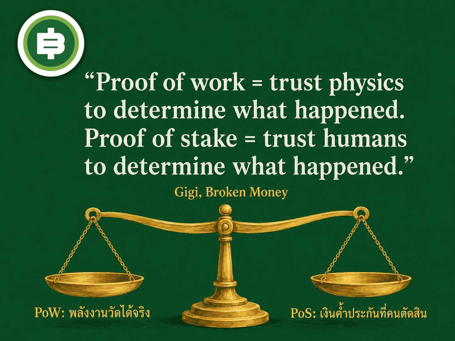 การ์ดคำพูดของ Gigi จาก Broken Money เปรียบเทียบ Proof of Work กับ Proof of Stake