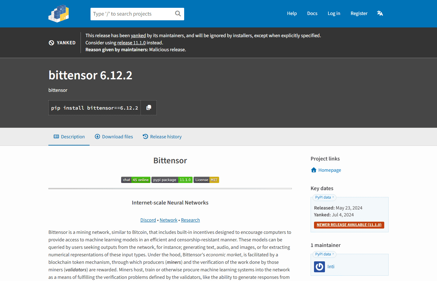 หน้า PyPI แสดงแพ็กเกจ bittensor เวอร์ชัน 6.12.2 ที่ถูกถอดออกเพราะเป็นเวอร์ชันอันตราย