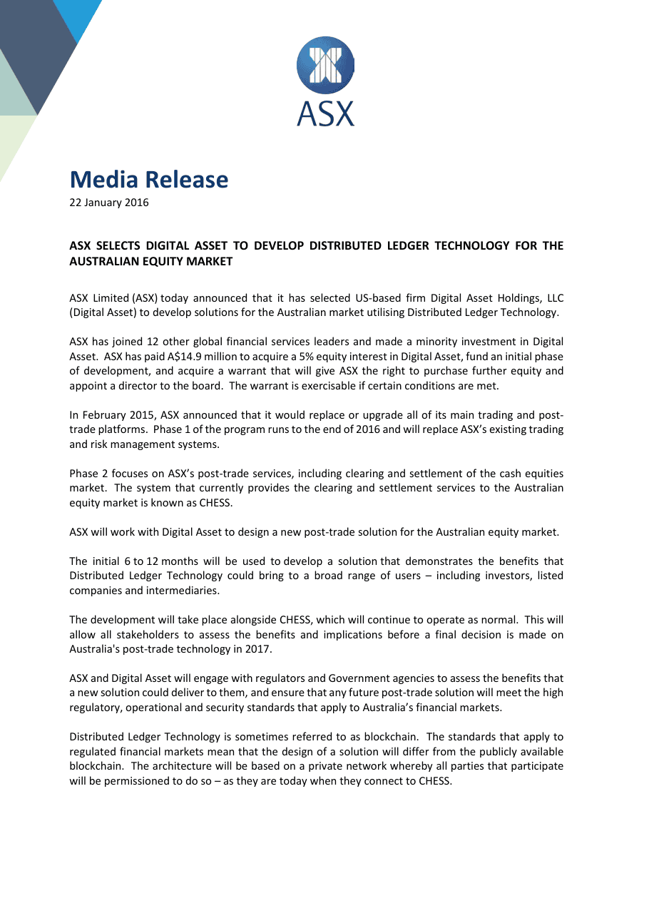 ข่าวแจก ASX 22 มกราคม 2016 เลือก Digital Asset พัฒนาเทคโนโลยีบัญชีแยกประเภทแบบกระจาย