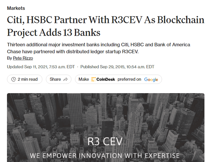 ข่าว CoinDesk 29 กันยายน 2015 Citi และ HSBC ร่วม R3CEV ธนาคารเพิ่มอีก 13 แห่ง