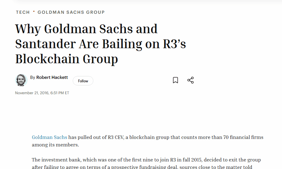 ข่าว Fortune 21 พฤศจิกายน 2016 ทำไม Goldman Sachs และ Santander ถอนตัวจาก R3