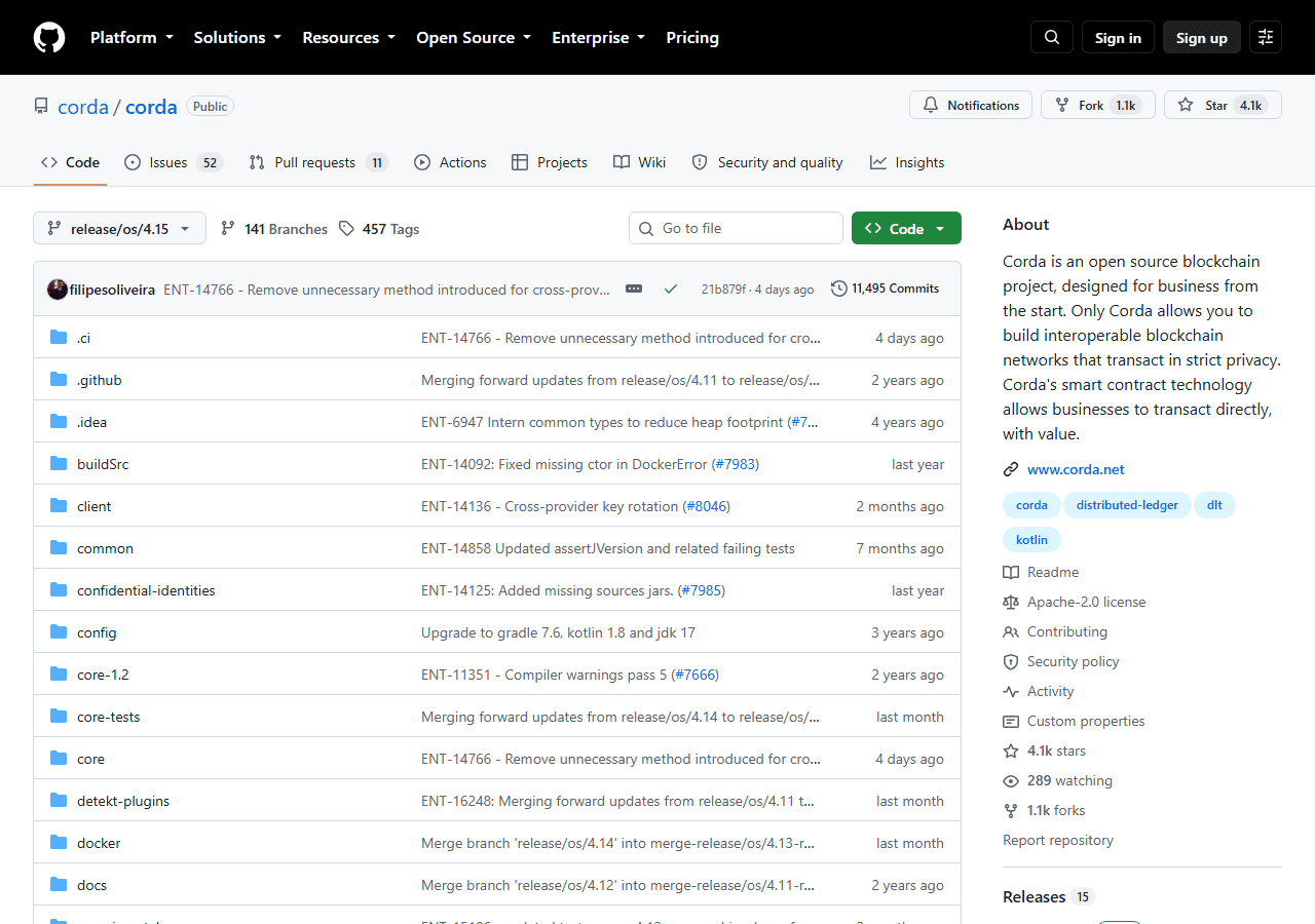 หน้า repository corda/corda บน GitHub ที่ R3 เปิดซอร์สโค้ดเมื่อ 30 พฤศจิกายน 2016
