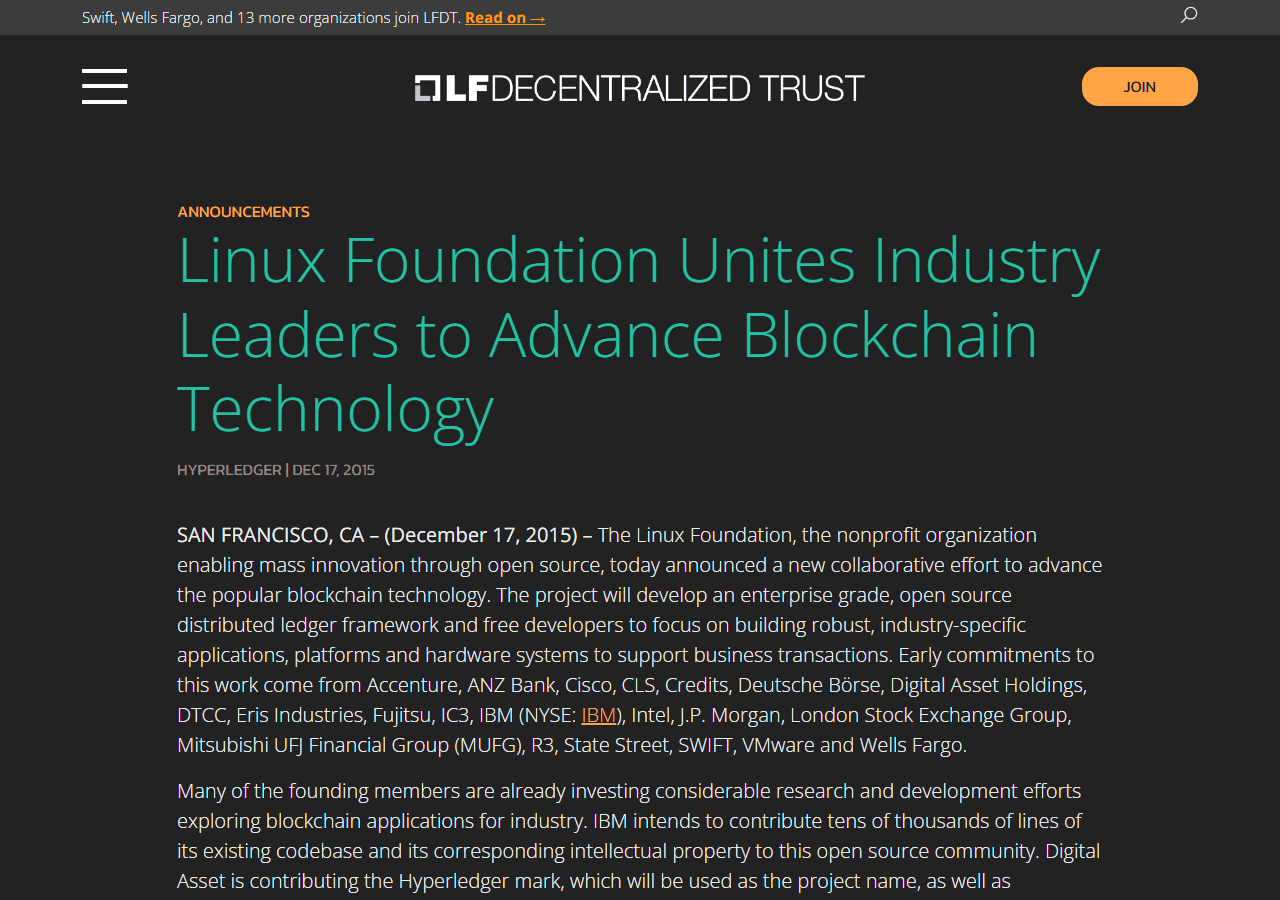 ข่าวแจก Linux Foundation 17 ธันวาคม 2015 รวมผู้นำอุตสาหกรรมพัฒนาเทคโนโลยีบล็อกเชน ต่อมาคือ Hyperledger