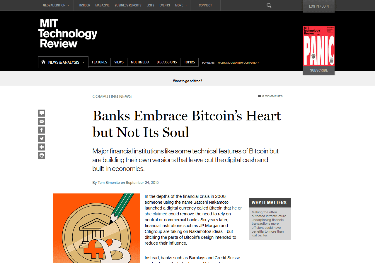 ข่าว MIT Technology Review 24 กันยายน 2015 Banks Embrace Bitcoin's Heart but Not Its Soul