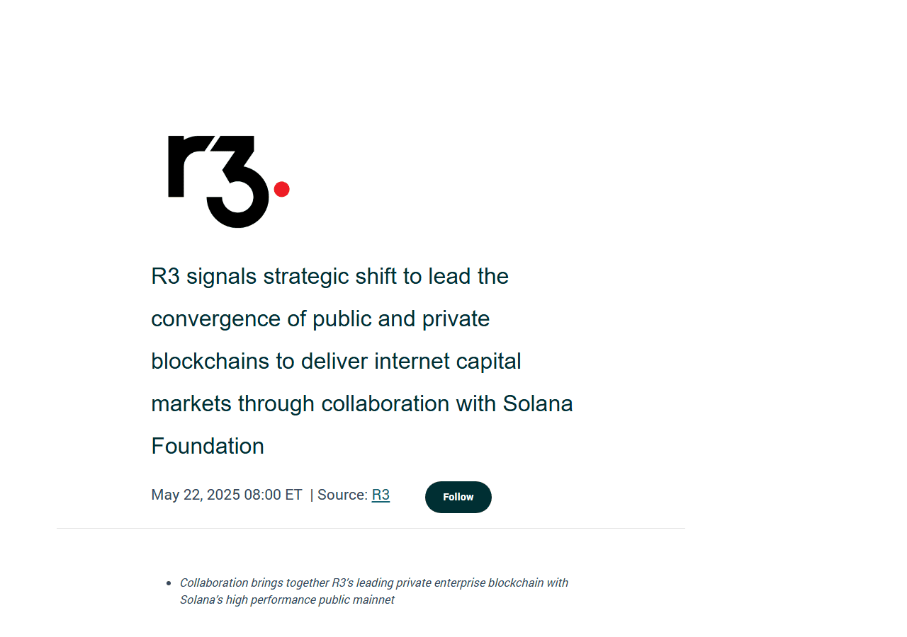 ข่าวแจก R3 22 พฤษภาคม 2025 ปรับทิศทางเชิงกลยุทธ์ร่วมมือกับ Solana Foundation