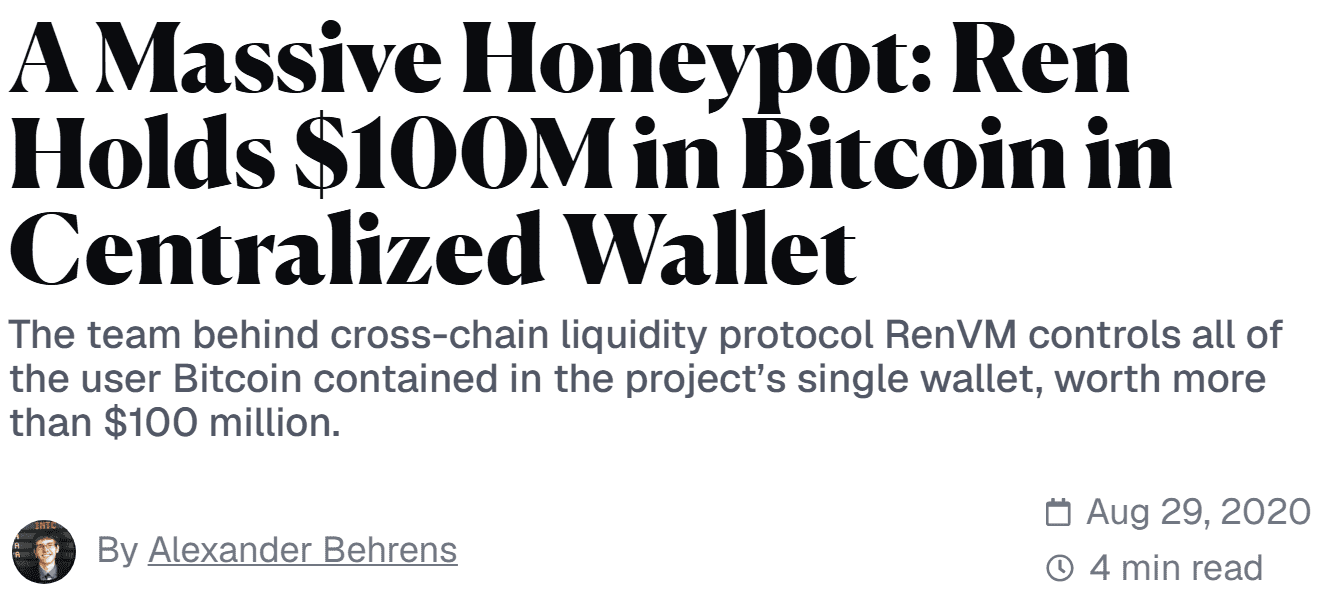พาดหัว Decrypt วันที่ 29 สิงหาคม 2020 เรื่อง Ren ถือ Bitcoin มูลค่า 100 ล้านดอลลาร์ในกระเป๋ารวมศูนย์
