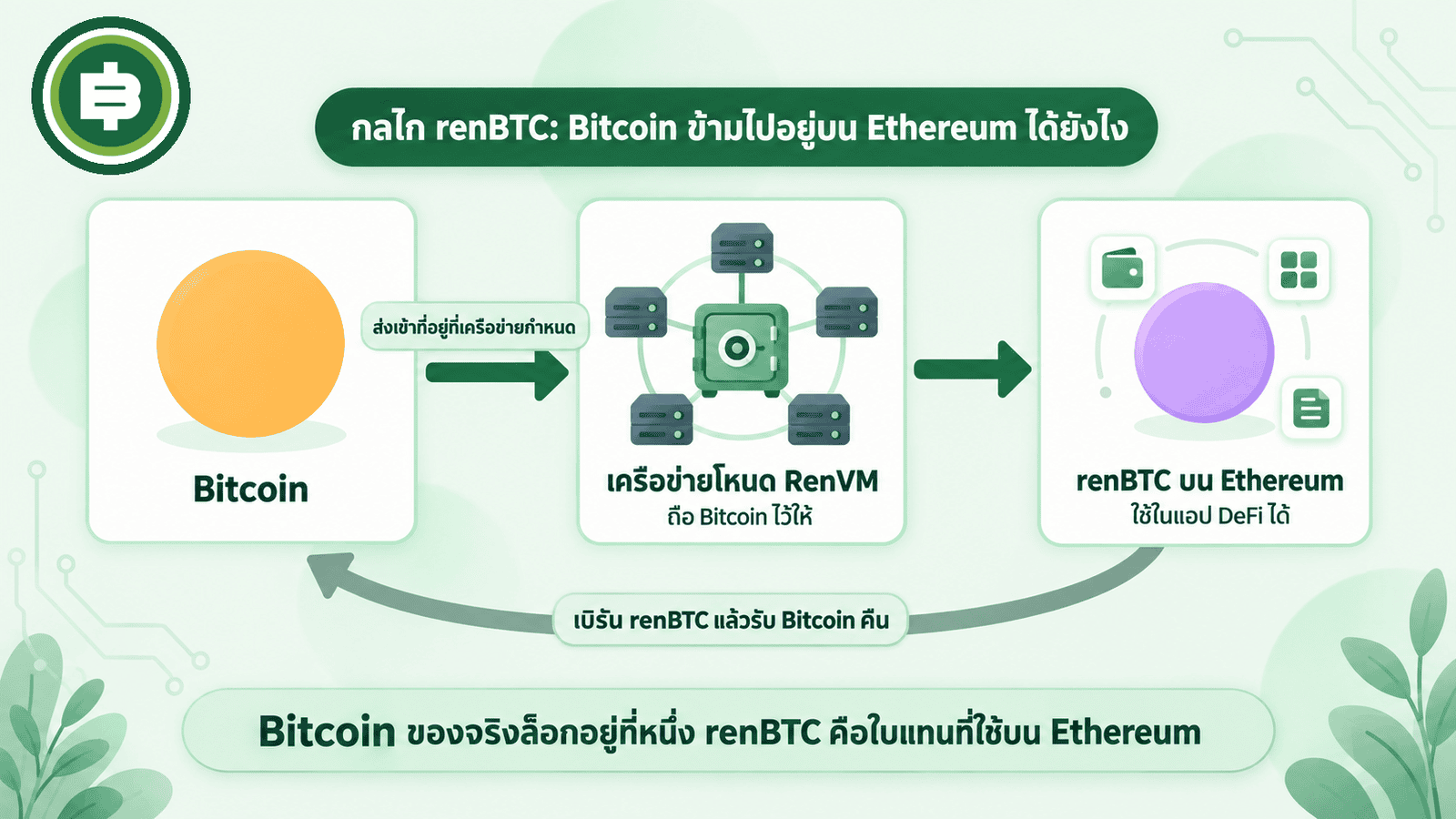 ไดอะแกรมกลไก renBTC ส่ง Bitcoin เข้าเครือข่ายโหนด RenVM แล้วได้ renBTC บน Ethereum ไปใช้ในแอป DeFi และเบิร์น renBTC เพื่อรับ Bitcoin คืน