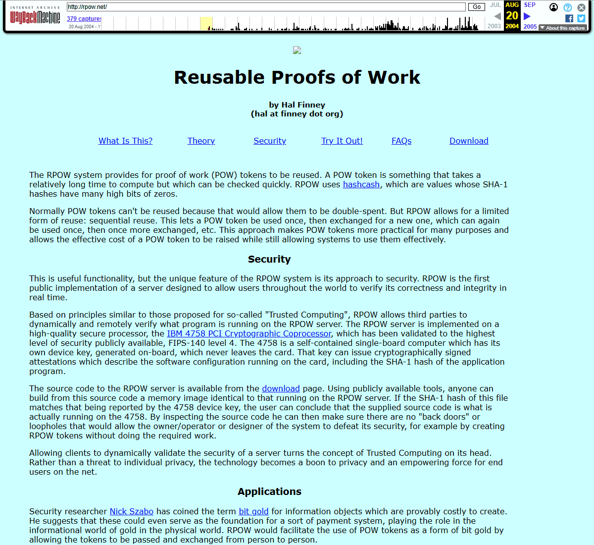 หน้าเว็บ rpow.net ของ Hal Finney สำเนาเดือนสิงหาคม 2004