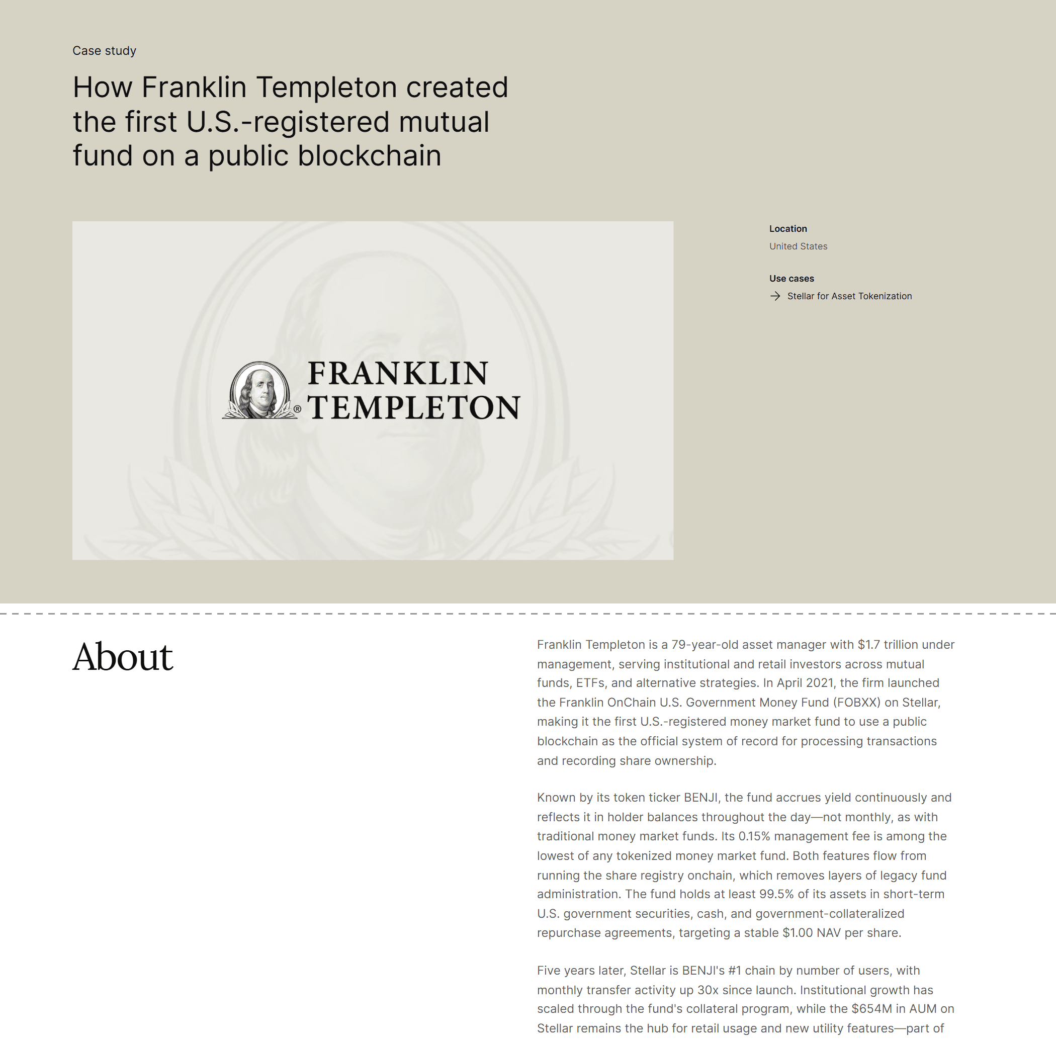 หน้ากรณีศึกษา Franklin Templeton บนเว็บ Stellar เล่าการเปิดกองทุน FOBXX (โทเคน BENJI) บนเครือข่าย Stellar เมื่อเมษายน 2021