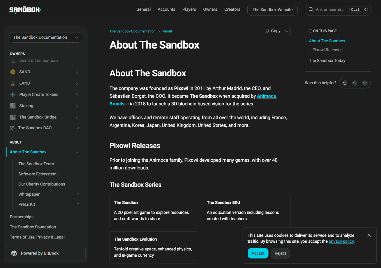 หน้าเอกสารทางการ docs.sandbox.game อธิบายประวัติการก่อตั้ง Pixowl และการเข้าซื้อโดย Animoca Brands