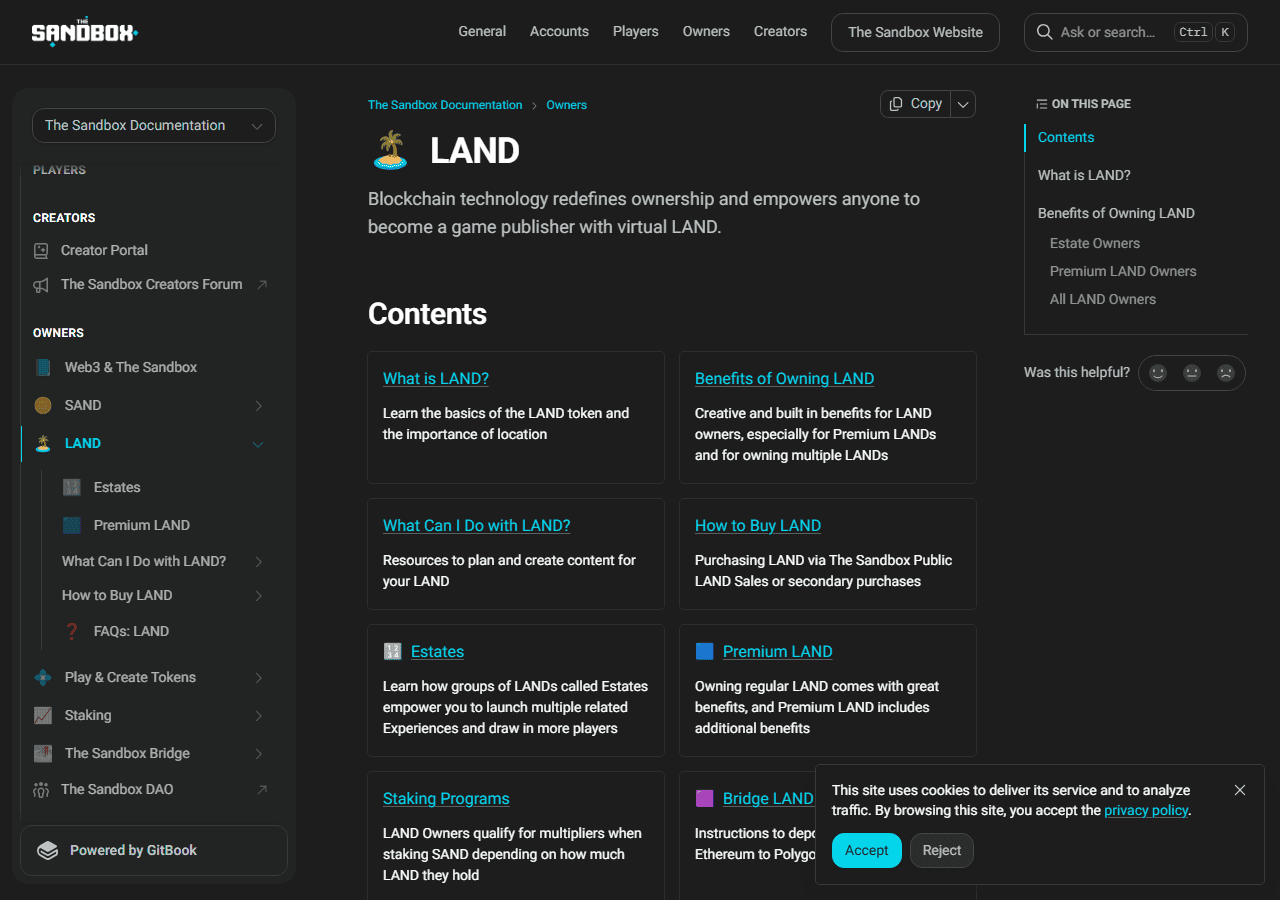 หน้าเอกสารทางการอธิบาย LAND ของ The Sandbox แสดงหัวข้อ Estates, Premium LAND และวิธีซื้อ LAND