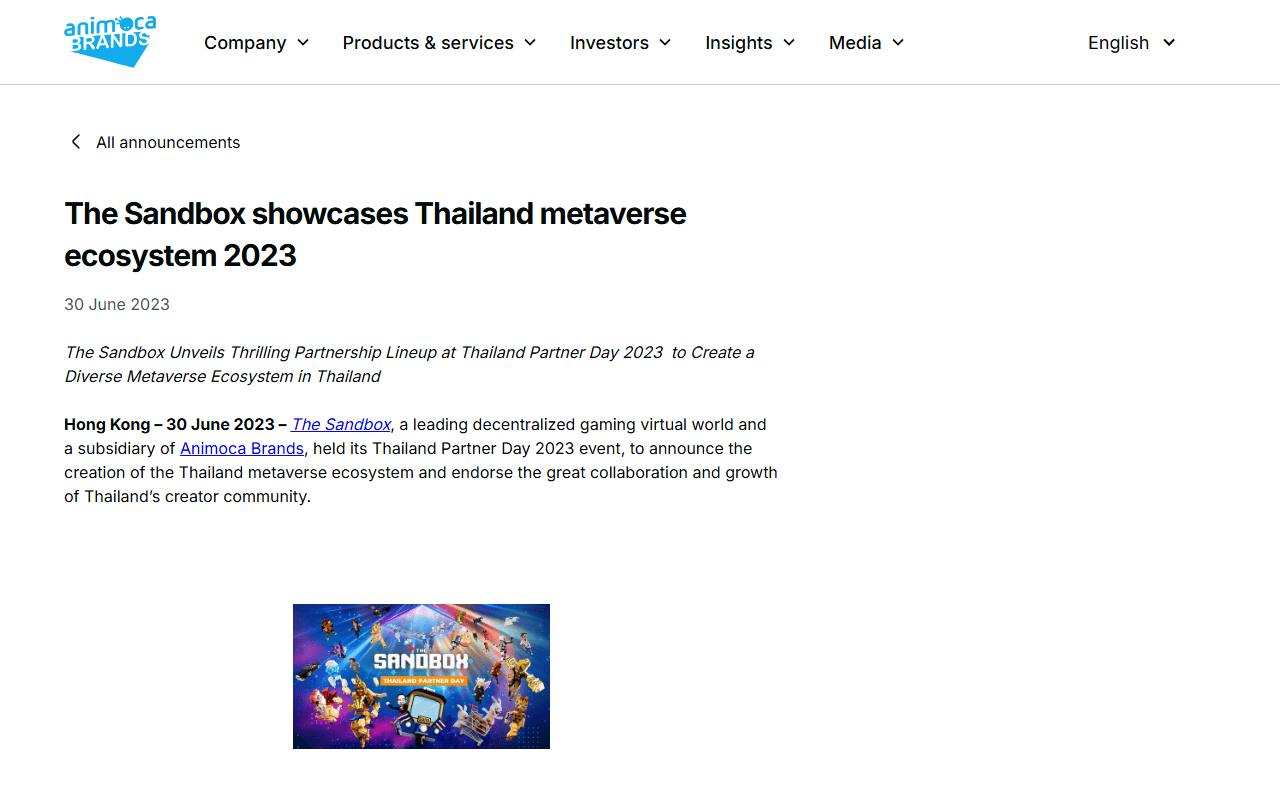 ประกาศทางการจาก Animoca Brands เรื่องงาน Thailand Partner Day 2023 ของ The Sandbox