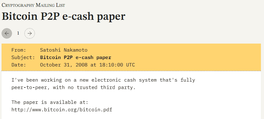 อีเมลประกาศ Bitcoin Whitepaper วันที่ 31 ตุลาคม 2008