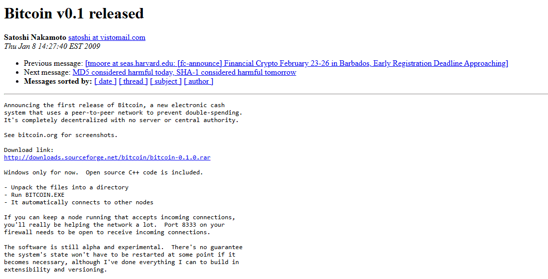 อีเมลประกาศ Bitcoin เวอร์ชัน 0.1 ของ Satoshi Nakamoto ในคลังเก็บของ Cryptography Mailing List