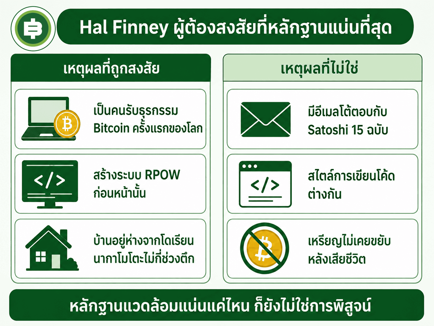 เทียบเหตุผลที่ Hal Finney ถูกสงสัยว่าเป็น Satoshi กับหลักฐานที่แย้งว่าไม่ใช่