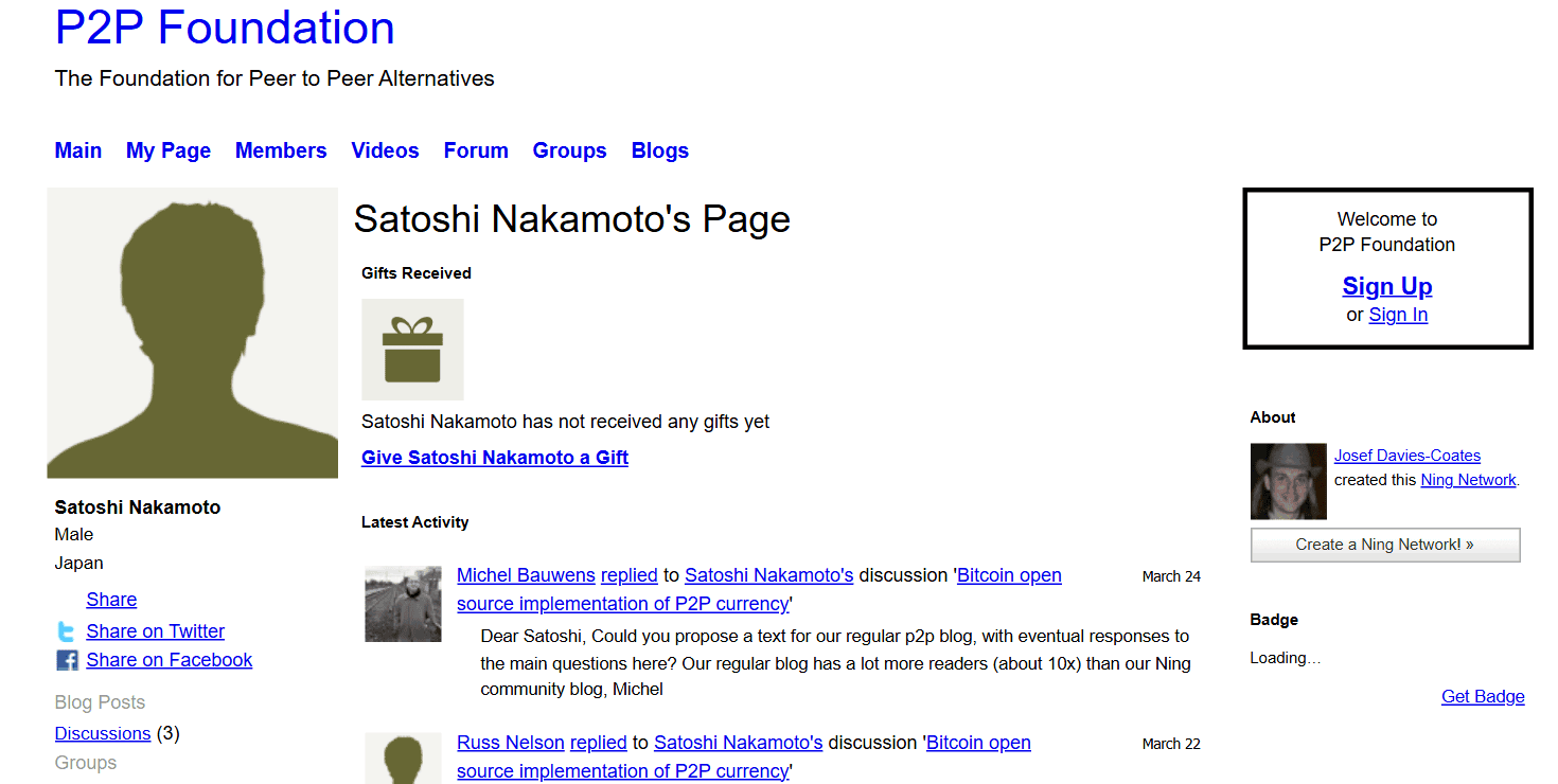 หน้าโปรไฟล์ Satoshi Nakamoto บนเว็บ P2P Foundation ระบุเพศชายและประเทศญี่ปุ่น