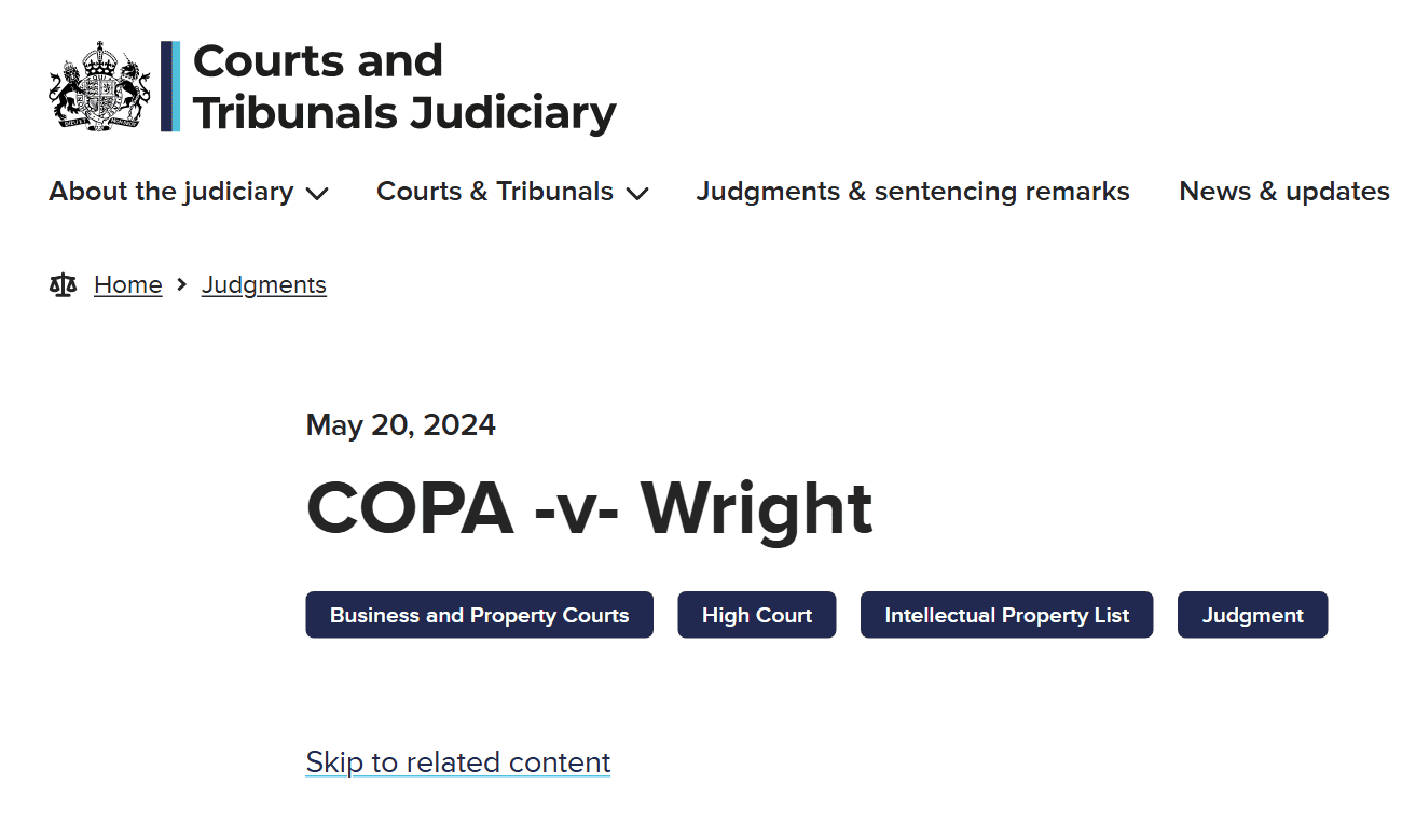 หน้าคำพิพากษาคดี COPA v Wright บนเว็บของฝ่ายตุลาการอังกฤษ ลงวันที่ 20 พฤษภาคม 2024