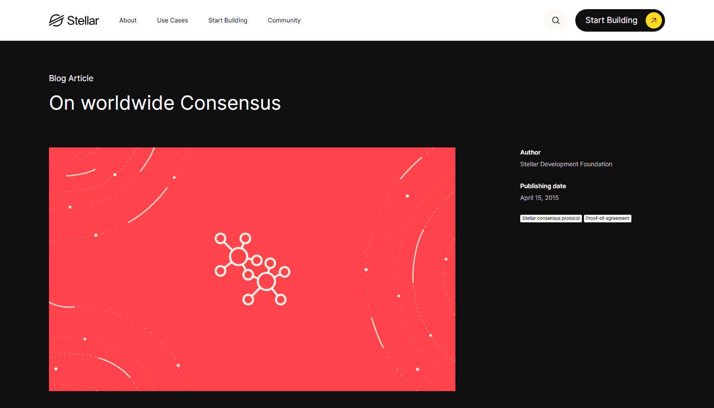 หน้าบทความทางการของ Stellar เรื่อง On Worldwide Consensus อธิบายที่มาของ Stellar Consensus Protocol (SCP)