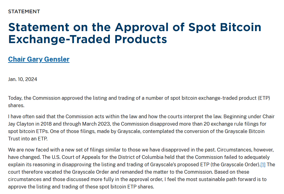 คำแถลงของประธาน ก.ล.ต. สหรัฐ วันที่ 10 มกราคม 2024 เรื่องการอนุมัติ Spot Bitcoin ETP