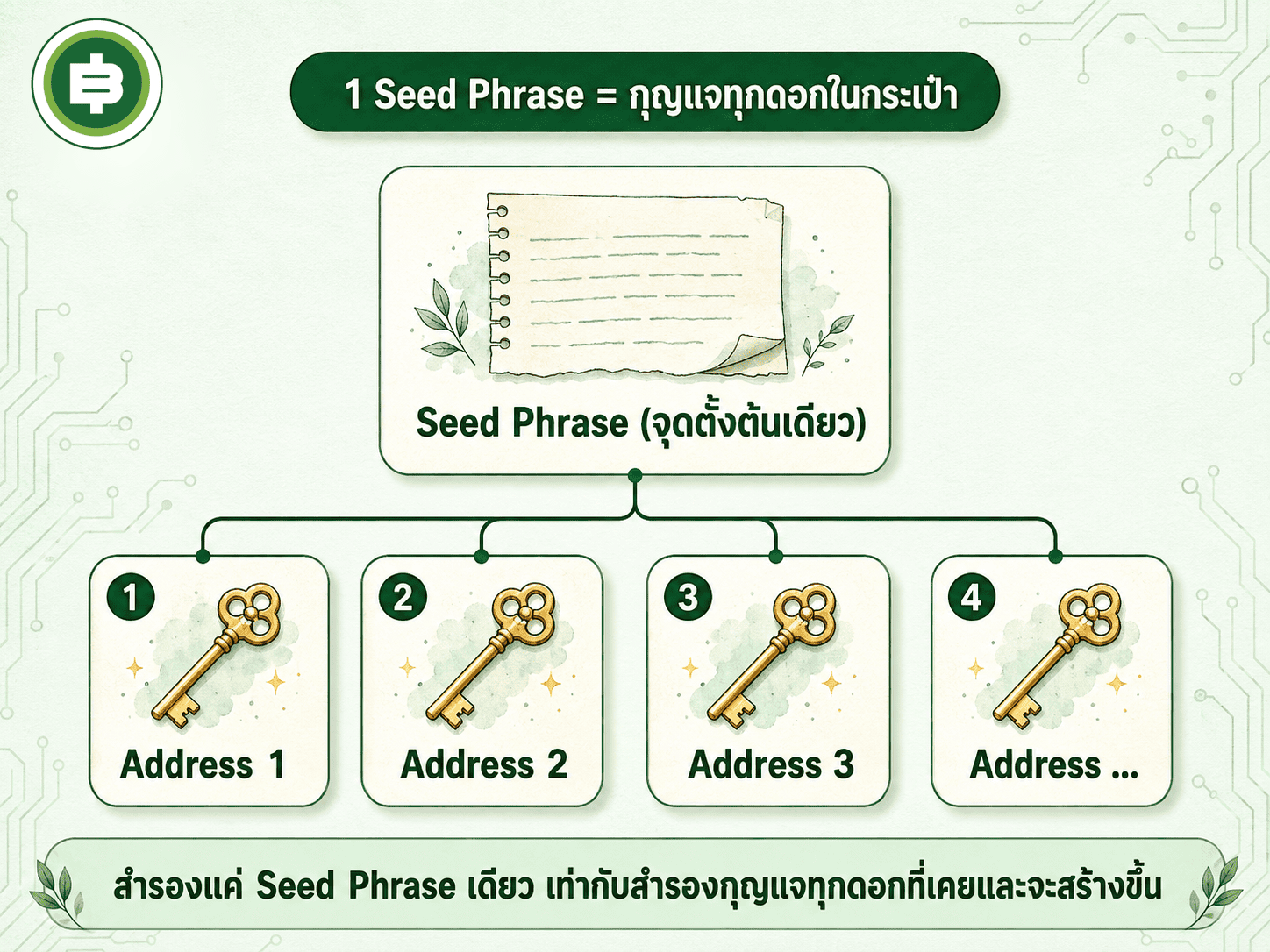 1 Seed Phrase สร้าง Private Key ได้ไม่จำกัด เหมือนต้นไม้แตกกิ่งเป็น Address หลายบัญชี