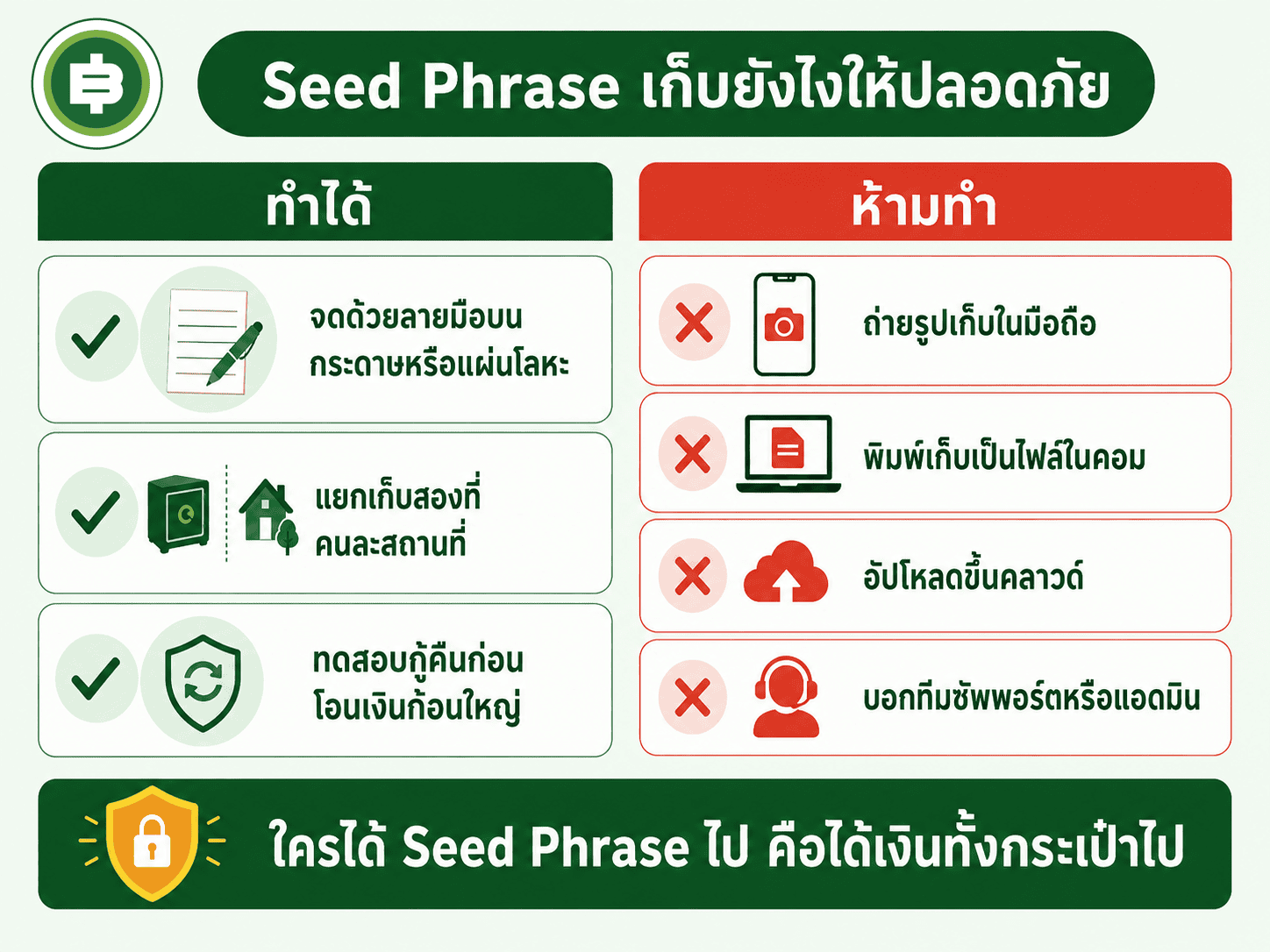 สรุปสิ่งที่ทำได้และสิ่งที่ห้ามทำในการเก็บ Seed Phrase
