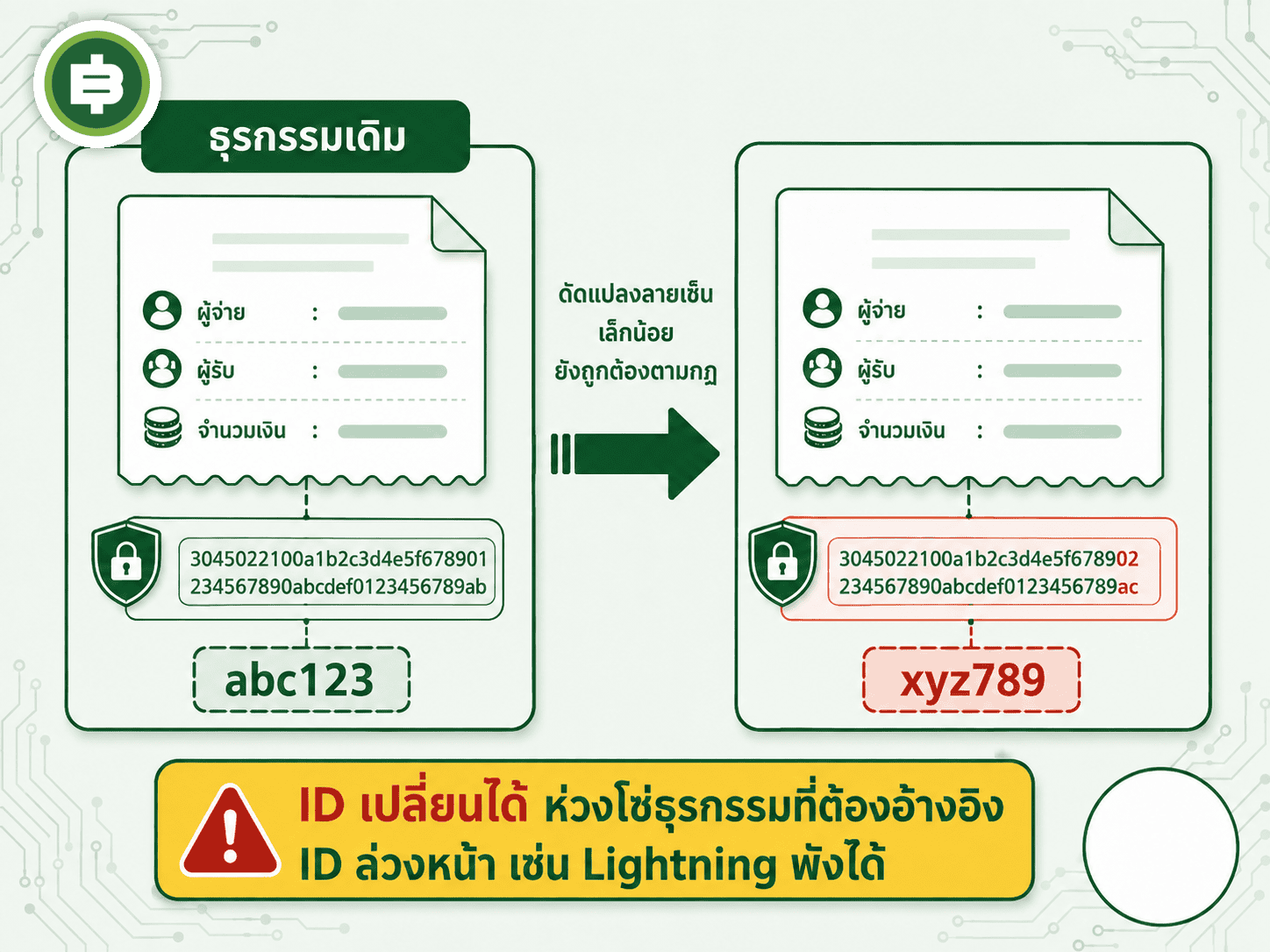 อธิบายปัญหา transaction malleability ว่าการดัดแปลงลายเซ็นเล็กน้อยโดยที่ยังถูกต้องตามกฎสามารถเปลี่ยน ID ธุรกรรมได้ทั้งที่ผู้จ่าย ผู้รับ และจำนวนเงินไม่เปลี่ยนเลย ซึ่งเป็นช่องโหว่ที่ทำลายห่วงโซ่ธุรกรรมแบบ Lightning Network