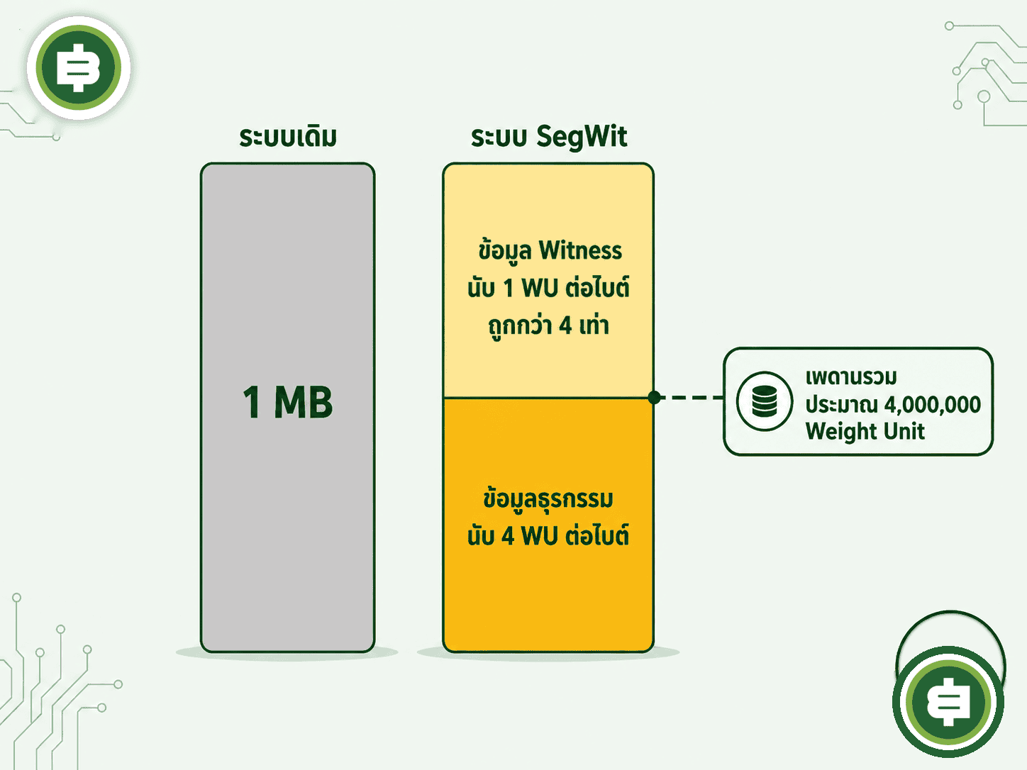 เทียบเพดานความจุบล็อกแบบเดิมที่ 1 MB กับระบบนับ weight unit ของ SegWit ที่ลดราคาข้อมูลลายเซ็นลง 4 เท่า ทำให้บล็อกจุธุรกรรมได้มากขึ้นจริงในทางปฏิบัติโดยไม่ต้อง Hardfork