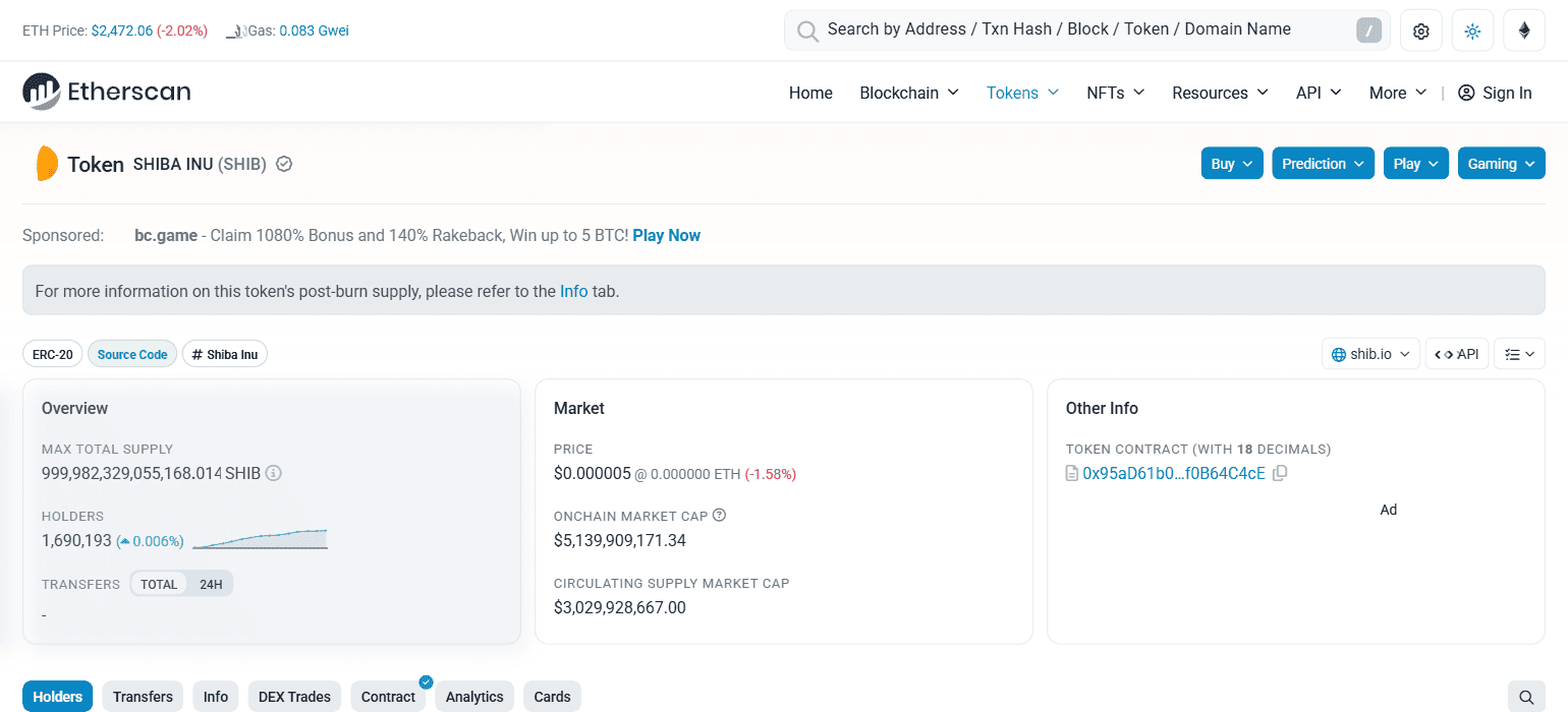 ข้อมูลโทเคน SHIB บน Etherscan แสดงจำนวนผู้ถือครองและมูลค่าตลาด