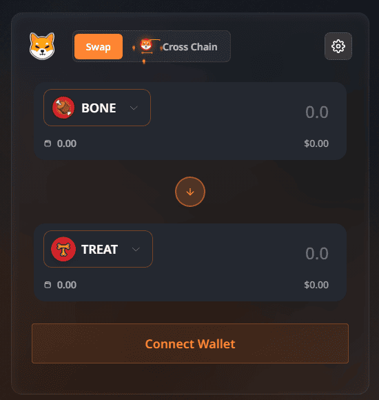 หน้าแลกเปลี่ยนโทเคนบนแอป ShibaSwap ทางการ แสดงคู่ BONE และ TREAT ในระบบนิเวศ SHIB