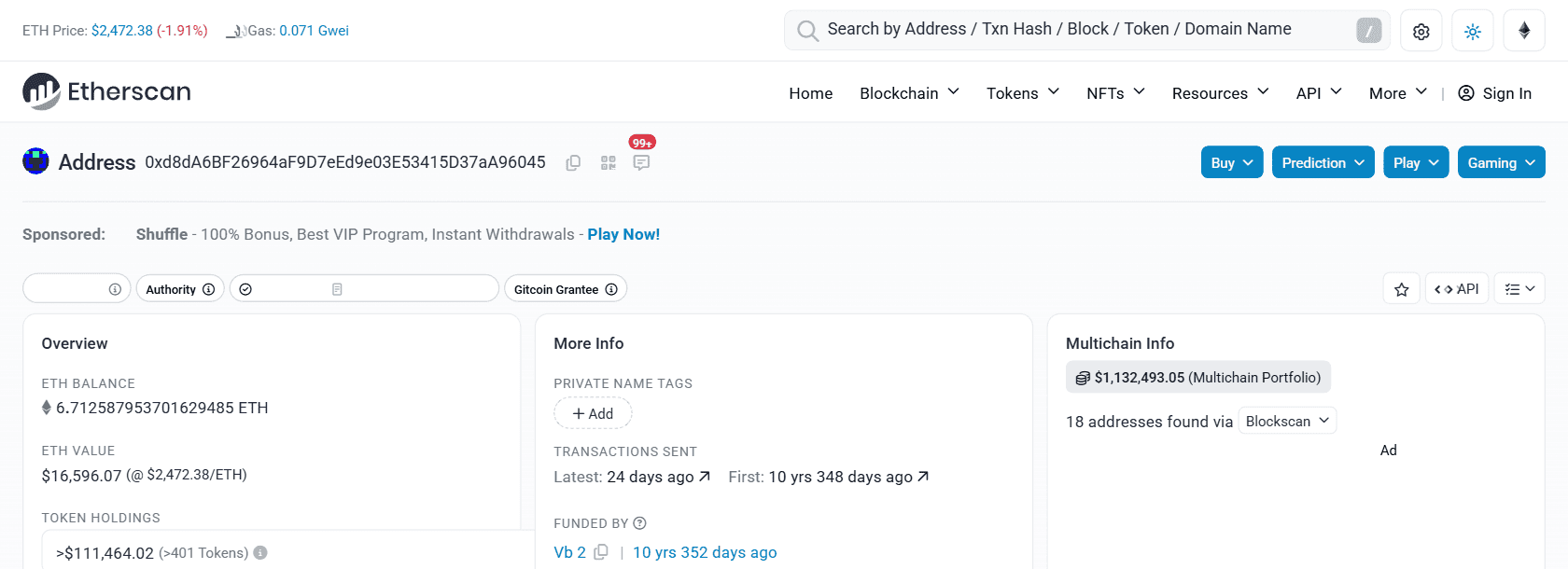 หน้ากระเป๋าเงิน Ethereum ของ Vitalik Buterin (vitalik.eth) บน Etherscan