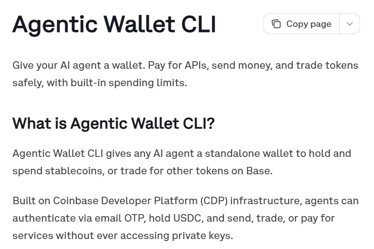 หน้าเอกสาร Coinbase Agentic Wallet CLI ให้ AI Agent มีกระเป๋าเงินไว้จ่ายค่า API ส่งเงินและเทรดโทเคน พร้อมเพดานการใช้จ่ายในตัว โดยไม่เข้าถึง Private Key