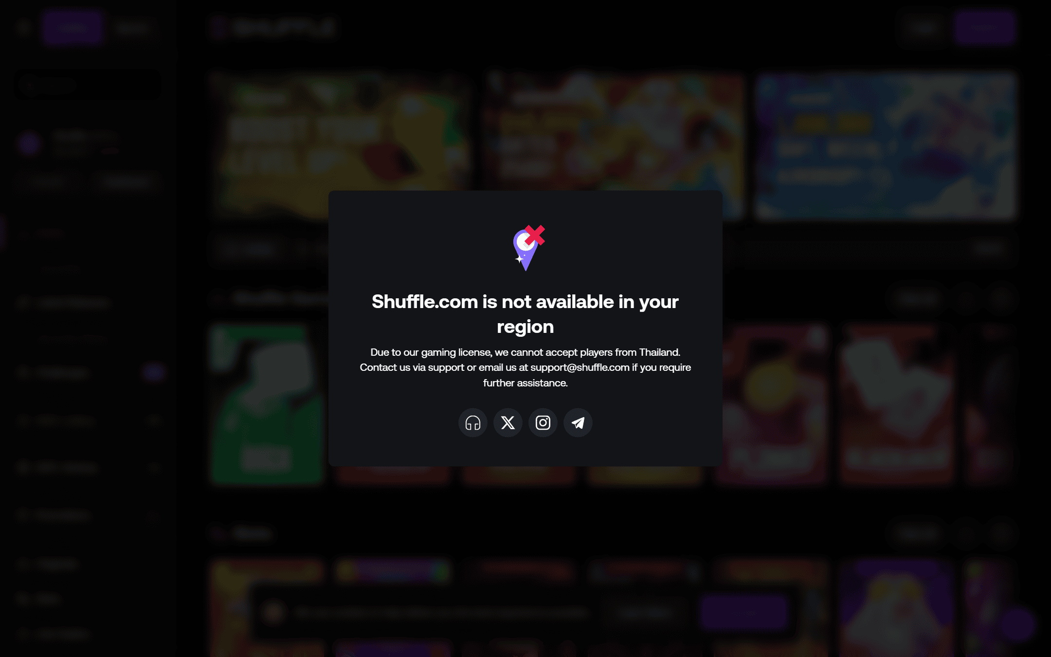 หน้าเว็บ Shuffle.com เปิดจากอินเทอร์เน็ตในไทย ขึ้นข้อความ Shuffle.com is not available in your region ไม่รับผู้เล่นจากประเทศไทย